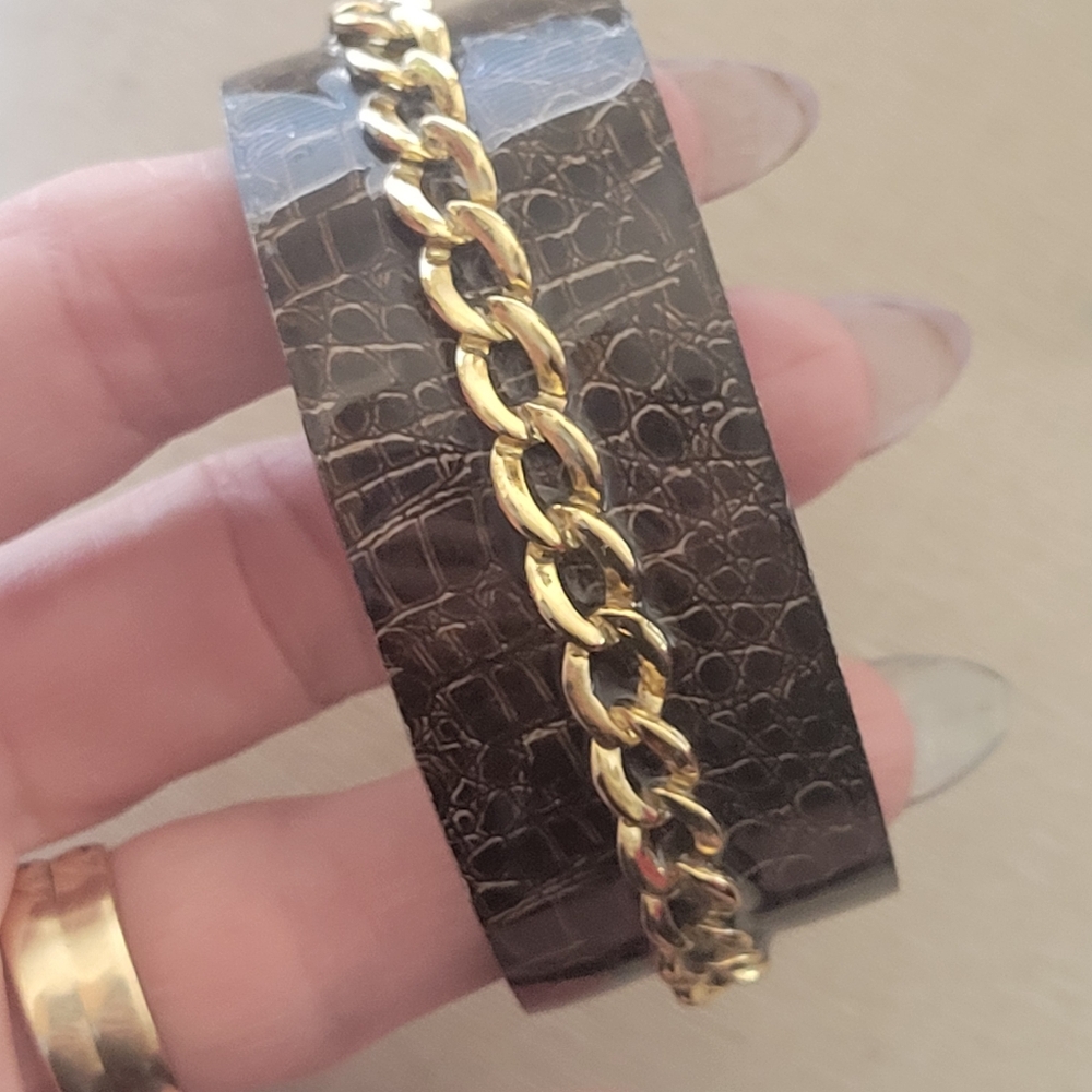 Debbie Brooks Gold Chain and Brown Croc-Embossed Bracelet